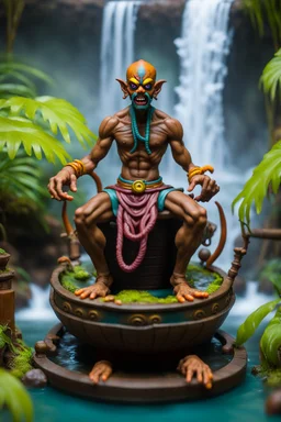 action figure of Dhalsim an electric eel necromancer on round swamp boat beholder eye wheel throne in foggy jungle waterfall