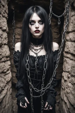 Closeup tall Girl goth with big eyes, fullbody, ragged clothes, body holding long chains, the perspective looking up from the bottom of an empty well ,8k,macro photography,