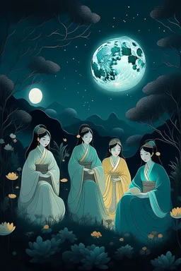 "Create an evocative AI art piece depicting natural moonlit nightwives, inspired by folklore. Illustrate ethereal women in traditional attire, engaged in quiet activities under the soft glow of the moon. Infuse an air of mystique and nostalgic