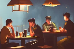 Smoky pub, cheerful young men drinking around a table, a policeman looking thoughtfully at the ID card of one of the boys, lantern light