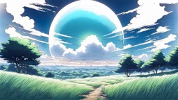 giant half transparent virtual moon, glitchy, blurry, maximum quality, centered on frame, far view, in the middle of a grassy hill, white sky with cumulonimbus, manga, makoto shinkai style