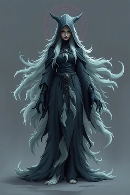 good low poly priest woman with long fur all over her entire body and eerie aura swirl