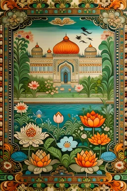 Channel the beauty of the Mughal Gardens with detailed hand-painted representations of traditional Indian flowers like lotus, marigold, and jasmine. Incorporate intricate geometric patterns and water features.