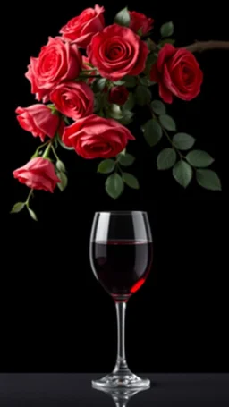 The image is a digital artwork that depicts a branch of tree of Red roses and leaves tangling down cr The background is black, which makes a branch of a tree of red roses stand out even more adding to the dreamy, ethereal quality of the image.all leaves and A big glass of red wine in front the roses