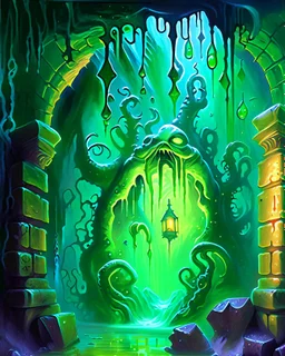 a slimy dripping gelatinous cube in vast cavern room with iron gates art painterly