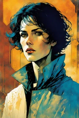 create an imaginative portrait illustration of an ethereal, otherworldly , pale medieval female master thief with very short hair wearing a ragged pelisse and boots , in the comic book art style of Bill Sienkiewicz, Mike Mignola, and Jean Giraud Moebius, with highly detailed feminine facial features , finely drawn, colored and inked,