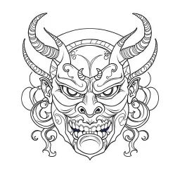 White, minimalis line art , oni mask japanes , vector, white background, outline, with images neatly contained within the background, just black and white color,