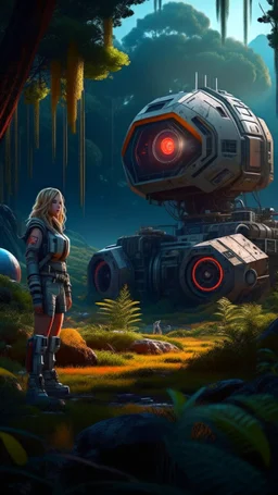 Wide-angle, woman with straight hair, dressed like a robot, with equipment in her hands, next to a crashed spaceship, in a clearing on an alien jungle world