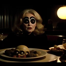 Spooky, ultra realistic distress, dining, ultra realistic hot woman, giant eye on a table, organic hot bondes, dynamic, anguish, excited and lively scene, hypermaximalist figures, Creepy the Ring Alfred Hitchcock, Sam Raimi, insanely detailed, sinister, John Carpenter, Dario Argento, ornate