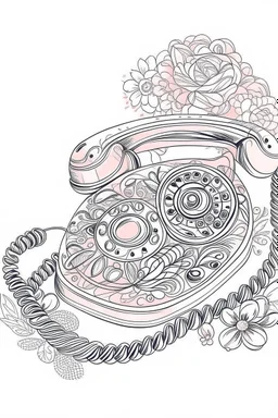 A delicate, floral-patterned phone with a curved receiver rests on a lace doily. A handwritten note with a heart drawn on it lies beside it. Style: Art Nouveau, Mood: Romantic, Lighting: Soft, diffused light with a warm pink hue, T-shirt design graphic, vector, contour, white background.