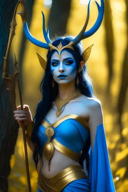 A picture of a beautiful blue faced indian goddess with skin painted blue, blue painted body, blue painted torso, wild black hair, stag antlers, elven ears, golden skirt, holding a staff in a sunny forrest