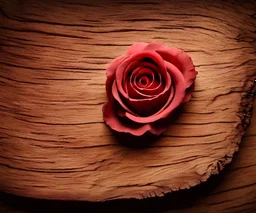 Photographie d'une sculpture en bois d'une rose, posée sur un rondin de bois, texture bois ciré, très réaliste, très détaillé, très intriqué, structures complexes , hdr, 8k, rendu 3d, unreal engine, cinema 4d, rendu octane, angle parfait, hauteur de l'objectif 60 cm, éclairage naturel, reflets discrets, magnifique sculpture, travail d'orfèvre