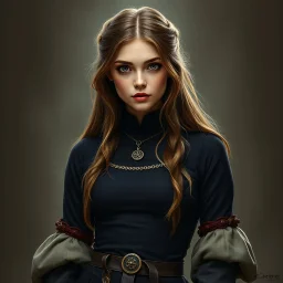 pretty girl, conventionally attractive, dark clothes, tight top, medieval, scholar