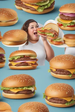 Ultra realistic photo fat woman eating burger , , 8k, highest quality,