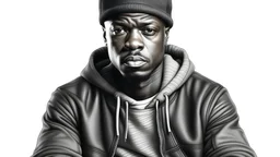 Intricate pencil sketch mugshot of [a Black male in a sports hoodie and cap, sitting in a leather wingback chair, vintage minimalistic white background, highlighting the subject's urban style with a hint of royalty.]: :: stunning interpretive visual., cinematic, wallpaper, vibrant, photo, poster, typography, portrait photography, fashion