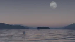 evening calm atmosphere, lake + moon, figure of a horse rider on the horizon