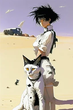 Meryl Stryfe Trigun young girl short black hair anime white clothes standing in the desert with a cat in her arms