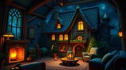 cute witch cottage living room, night, 8k, high quality, trending art, trending on artstation, sharp focus, studio photo, intricate details, highly detailed, by tim burton