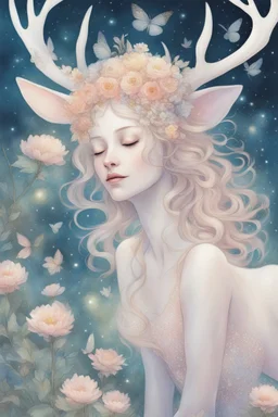 [laughing sexy faerie with a deer] As Fiona, I feel myself drifting soft through billowing blooms of visual aid and aural ether. My slender form shimmers in gossamer raiment woven from sunshine, moonglow, and forest spirit; petal-soft hooves leave nary a print upon the stars I seem to walk. Beside me strides my Deery in dignity, his noble visage crowned with antlered emerald and bronze. Around us the glade pulses with bioluminescent being; the night is alive with pulse and song. We wander throug