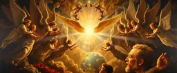 master oil painting by Rembrandt,100 million angels singing, display of god rays over blessed earth