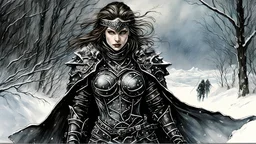 Hyper-photorealistic watercolor art style by Luis Royo , a warrior woman in black armor on the background of a cold snow-covered country, ice and crystal, frost and snow, hyperdetailed face, full body diagonal shot, encounters male bandits in dark fantasy countryside setting, absence of mysterious elements, dramatic lighting, ultrafine detail, octane rendering., darkness world