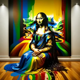 A conceptual painting that explores the idea of art coming to life. The Mona Lisa, with a serene expression, hangs on the wall of a gallery. The fluid from her painted eyes starts to flow down, creating a trail that gradually transforms from monochrome to a kaleidoscope of vibrant colors. The floor of the gallery is covered in this flowing color, creating a stunning contrast to the minimalist design of the room. The overall atmosphere is surreal and thought-provoking, inviting viewers to questio