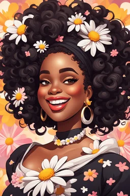 Create a abstract cartoon art style image of a curvy black female looking down with a smile on her face. Prominent makeup with hazel eyes. Highly detailed messy curly bun with a hair scarf tied on her head with large daisy flowers surrounding her. 2k