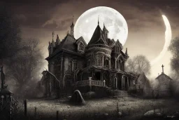 haunted house, grave yard, moon