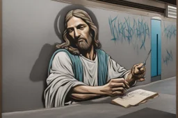 Jesus Christ is Writing the text using a spray can, Write the text everywhere KEBAB BROTHERS, KEBAB BROTHERS, KEBAB BROTHERS, KEBAB BROTHERS, KEBAB BROTHERS, KEBAB BROTHERS, in Graffiti text, in the train station