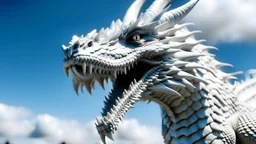 A white dragon, like the series Game of Thrones, is white with blue eyes flying in the sky