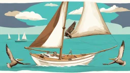 A small, brightly colored sailboat with a billowing white sail cuts through a turquoise ocean. The wind fills the sail, causing the boat to lean slightly. In the distance, fluffy white clouds drift across a clear blue sky. One majestic brown pelican with a large pouch full of water flies gracefully above the boat. The image evokes a sense of calm adventure, the refreshing scent of the ocean breeze, and the abundant wildlife. The style is as if a 5 year old did it with paint.