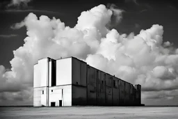 landscape ,minimal ,Photo with an old analog camera. Black and white. Part of a strange dream. white clouds wide plain The big building between them. like pink floyd pigs landscape ,Abandoned factory ,from a weird dream captured with the first model of dreamrecorder by gnom industries inc