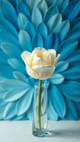 White Rose in a long nice crystal vase, The background should be composed of blue petals that gradually transition to a creamy butter-colored center, with the petal tips delicately tinted in a noble, pale blue. The transitions between colors should be seamless and smooth, with no sharp edges, giving the petals an ethereal, veil-like, silky appearance. Focus on capturing the soft texture and gentle flow of the tulip petals, creating a dreamy and elega