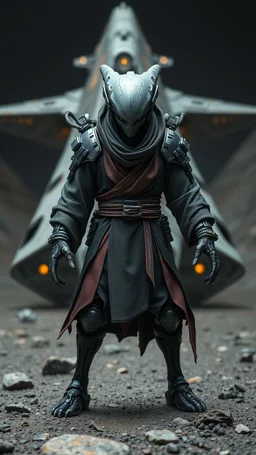 A centering dynamic view action showcasing the fusion of figma and Neumorphic elements, depicting a fully fantasy of an alien Its intricate mechanisms are driven by interlocking robes and complex fabrics casual outfit embedded throughout its massive figma frame. Stance on black mechtech battlefields abandone Dojo. And the face is looking to the camera, show space ship landing on the ground behind the object in the background