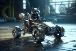 lowpoly cat driving highly symmetric metallic rocket propelled mad max ATV with rounded glass bubble roof, bokeh like f/0.8, tilt-shift lens 8k, high detail, smooth render, down-light, unreal engine, prize winning