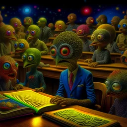 Hyperrealistic, spooky, dark, odd extraterrestrial being at work as a school teacher, many students, sharp focus, 8k, 3d, very detailed, volumetric light, grim, fine art, very colorful, ornate, insanely detailed and intricate, hypermaximalist, super detailed, decadent, Max Ernst style