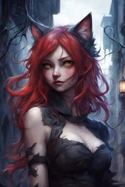 CAT GIRL, FANTASY, VINES, SOULLESS, FLUFFY TAIL, RED HAIR, TORN CITY