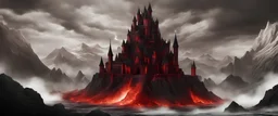 princess castle, many towers, set in hell, red and black colour scheme, dragon flying in the air, guarding, sharp peaks, lava, fire, danger, fantasy style, digital art, high resolution