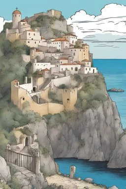 Castello Aragonese d'Ischia as 3 comic strips. the past, the present and the future