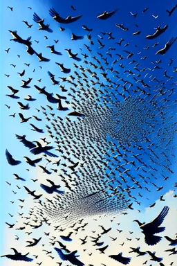 realistic drawing of a swarm of detailed birds in the blue sky.