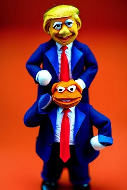 a Film Photograph of an orange Donald Trump Muppet made of felt and fur wearing a dark blue suit and red tie, lips made of foam