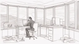 الصورة تعرض ستيف جوبز وهو جالس في مكتبه الخاص، وراءه نافذة تطل على مناظر طبيعية هادئة. يظهر جوبز وهو يرتدي ثوبًا بسيطًا ويتلقى مكالمة هاتفية بينما يعمل على جهاز كمبيوتر محمول. يتسم وجهه بتعابير التفكير العميق والابتسامة الخفيفة، مما يشير إلى تركيزه الشديد وتفكيره الابتكاري. على مكتبه، يمكن رؤية مجموعة من المخططات والنماذج المصغرة لأجهزة تكنولوجية، مما يظهر اهتمامه بالتفاصيل والتصميم المميز. كما يمكن أن نلاحظ تواجد كتب وأدوات كتابة، مما يشير إلى تطلعه المستمر للمعرفة والابتكار. الإضاءة في الصور