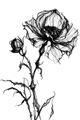 A drawing of a dry dead flower in black ink