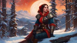 winter, (1woman, russian), analog style, (space pirate), (sitting:1.1), (medium full shot), roguish, pretty, dashing, amber, ruby, exciting, space opera, retrofuturist, optimistic, dnd character portrait, intricate, oil on canvas, masterpiece, expert, insanely detailed, 4k resolution, john william waterhouse, singer sergeant, composition, agnes cecile, bowater, delicate features