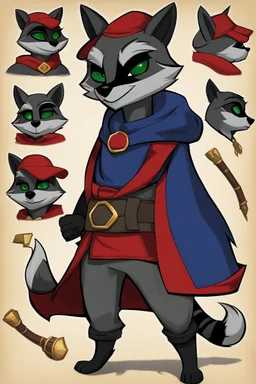 Make a Sly Cooper oc. He is a raccoon with sleek, charcoal-gray fur and emerald-green eyes. He has a sly and mischievous expression, with a black mask-like pattern around his eyes. He wears a tattered, dark blue bandit's outfit with a red sash and a feathered hat that adds to his roguish charm. He also sports a leather pouch at the base of his tail for carrying stolen treasures.