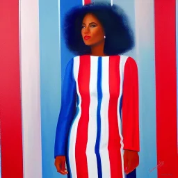 Full body portrait, painting, medium shot lady red white and blue striped metallic clothing