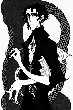 black haired young man necromancer wizard with gothic jewelry and tentacle fingers in the style of Aubrey Beardsley