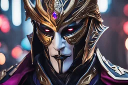 Jhin in 8k live action artstyle, white jhin mask, normal eyes, wapen, close picture, neon lights, intricate details, highly detailed, high details, detailed portrait, masterpiece,ultra detailed, ultra quality