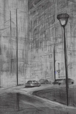 Pencil sketch of A car stops on an empty street, a traffic light, It's raining hard, night , houses on the side ، on lined paper