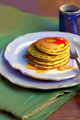 An impressionist-style plate of pancakes